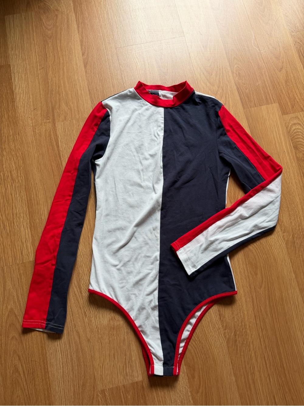 Zaful Red Navy White Colorblock Long Sleeve Bodysuit